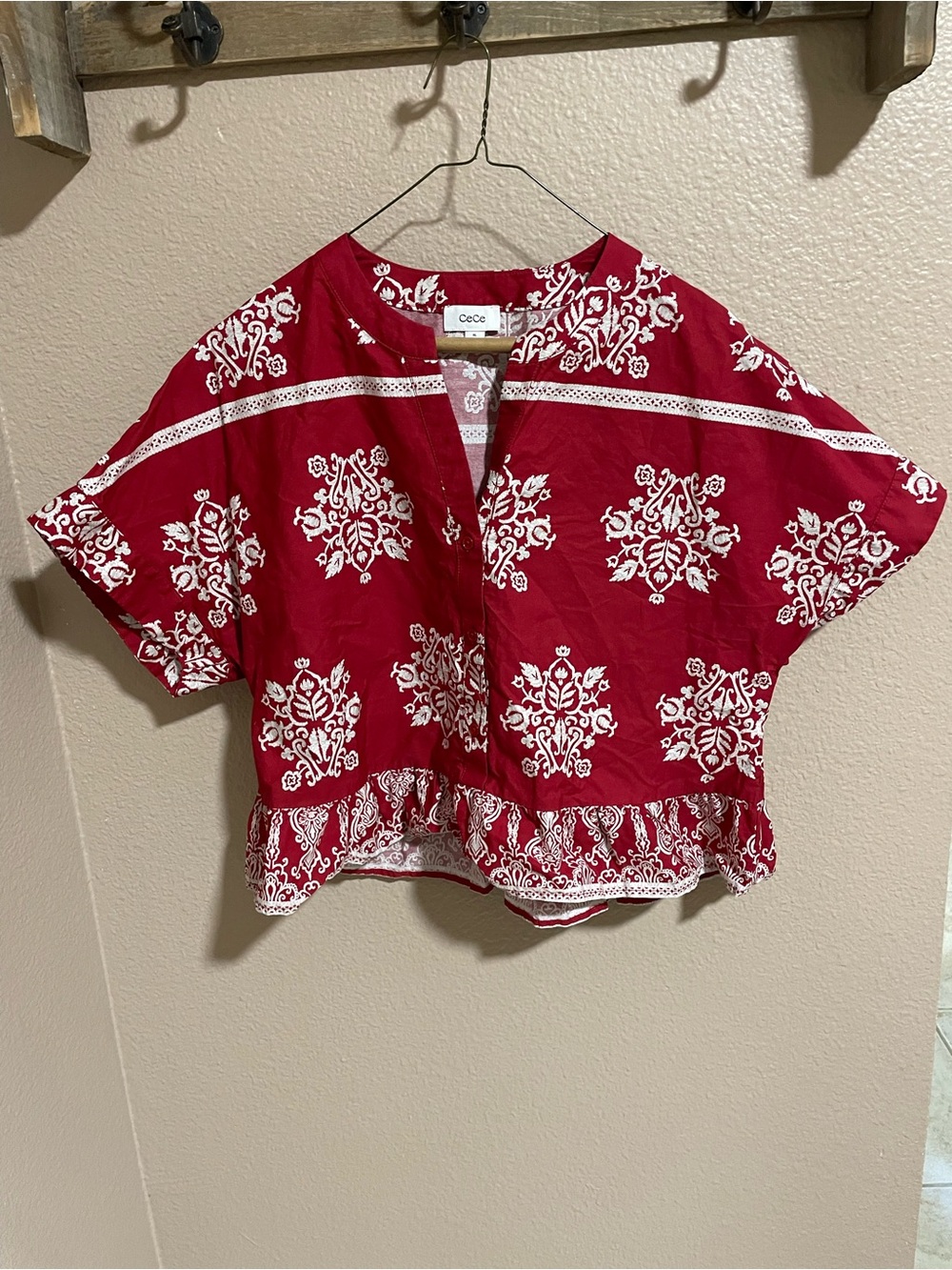 CeCe Red Floral Print Short Sleeve Peplum Top